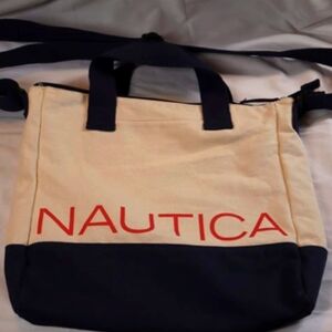 Nautica Canvas Crossbody Tote Bag Beige Navy Blue Red Purse Adj Strap Cotton